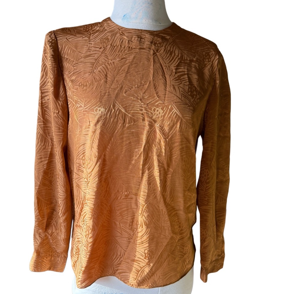 Vintage Kasper silky tan Brown Long Sleeve Women's Top Sz small career dress up